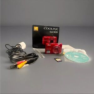 Nikon COOLPIX S6300 Red 16.0 MP Digital Camera With Box, SD Card, And More